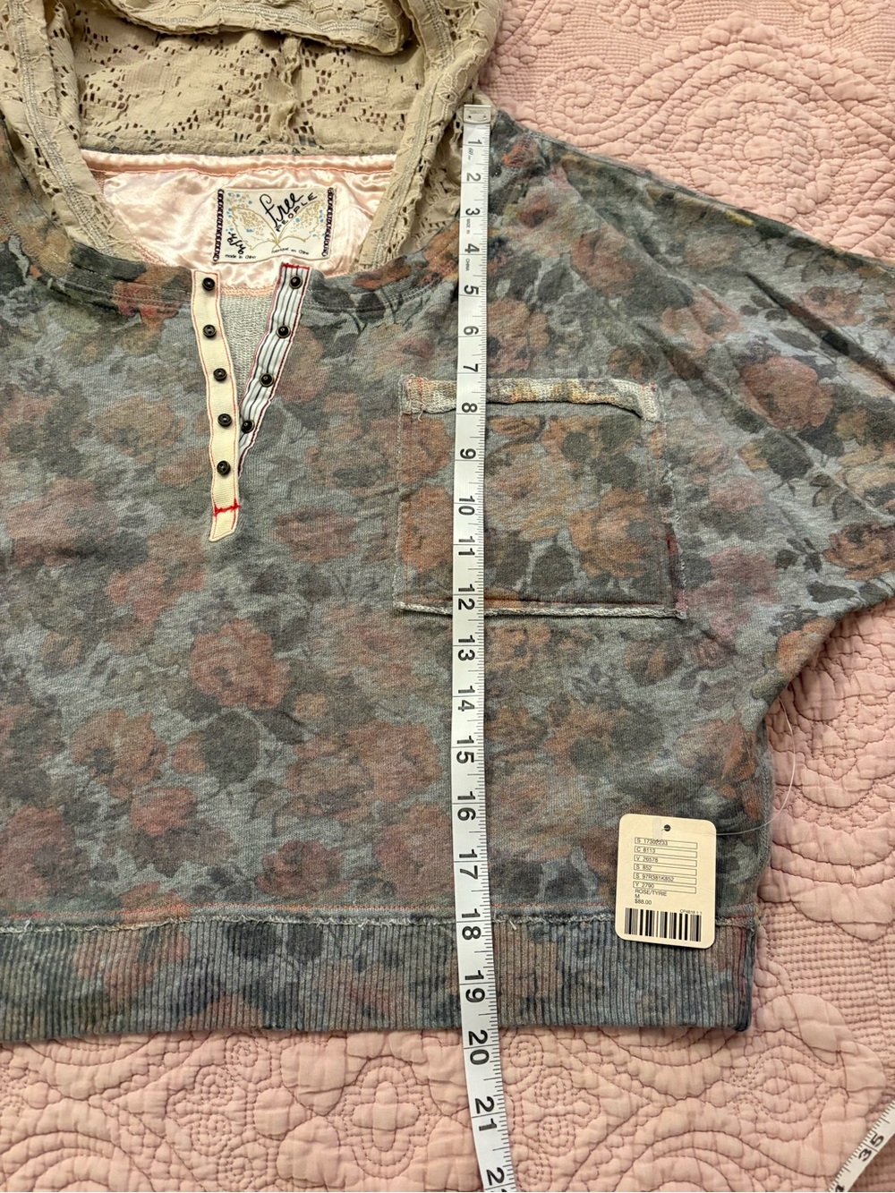 Vintage Free People Cropped Floral Hooded Pullover Sweatshirt in Gray and Pink - Picture 8 of 8